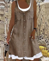 Clidress Denim Look Print Fake Two Piece Mini Dress