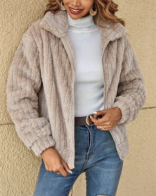 Clidress Lapel Full-Zip Polar Soft Fleece Coat Jacket