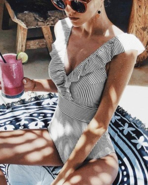 Clidress Ruffled Striped One-piece Swimsuit