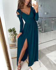 Clidress Cold Shoulder Elegant Split Maxi Dress