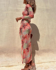Clidress Floral Tie Dye Mesh Split Midi Dress