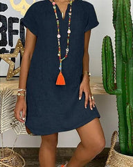 Clidress Simple V Neck Linen Mini Dress