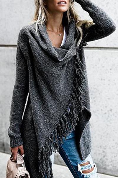 Clidress Cowl Neck Tassel Irregular Sweater