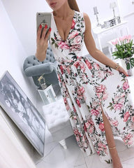 Clidress Boho Flower V Neck Chiffon Maxi Dress
