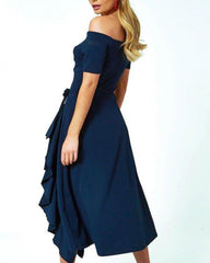 Clidress Boat Neck Bare Shoulders Ruffled Evening Dress