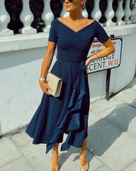 Clidress Boat Neck Bare Shoulders Ruffled Evening Dress