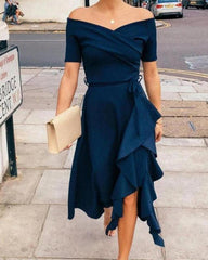 Clidress Boat Neck Bare Shoulders Ruffled Evening Dress