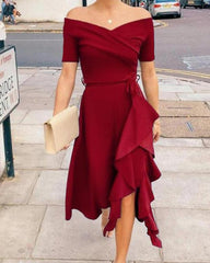 Clidress Boat Neck Bare Shoulders Ruffled Evening Dress