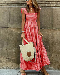 Clidress Plaid Ruffled U Neck Maxi Dress