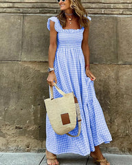Clidress Plaid Ruffled U Neck Maxi Dress