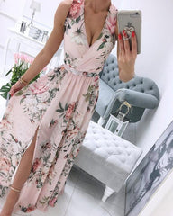 Clidress Boho Flower V Neck Chiffon Maxi Dress