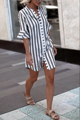 Clidress Striped Vintage Button Up Shirt Dress