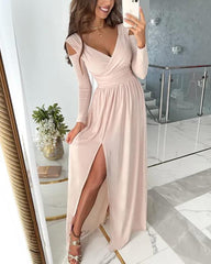 Clidress Cold Shoulder Elegant Split Maxi Dress