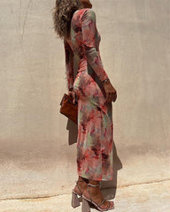 Clidress Floral Tie Dye Mesh Split Midi Dress