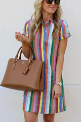 Clidress Rainbow Striped Long Shirt Dress