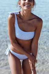 Clidress Sea Blue Striped One Shoulder Bikini