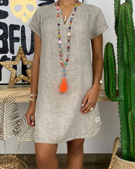 Clidress Simple V Neck Linen Mini Dress