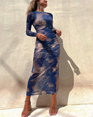 Clidress Floral Tie Dye Mesh Split Midi Dress