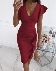 Clidress Ruffle V Neck Sheath Mini Dress