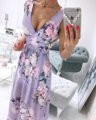 Clidress Boho Flower V Neck Chiffon Maxi Dress