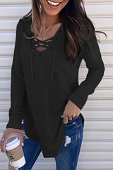 Clidress Lace-Up V Neck Top T-shirt
