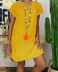 Clidress Simple V Neck Linen Mini Dress