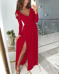 Clidress Cold Shoulder Elegant Split Maxi Dress