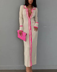 Clidress Lapel Button Down Knitting Long Shirt Dress