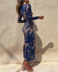 Clidress Floral Tie Dye Mesh Split Midi Dress