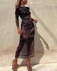 Clidress Floral Tie Dye Mesh Split Midi Dress