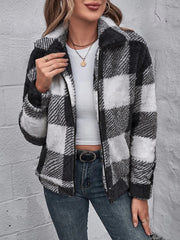 Clidress Zip Up Polar Soft Fleece Gingham Coat Jacket