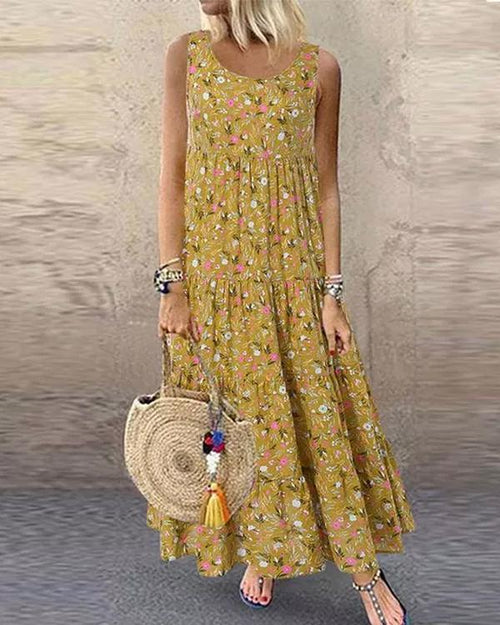 Clidress Retro Floral Cotton Maxi Dress