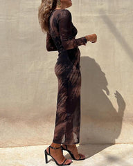Clidress Floral Tie Dye Mesh Split Midi Dress