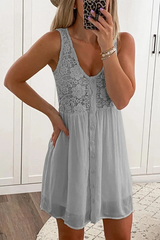 Clidress Lace Floral Button Down Mini Dress