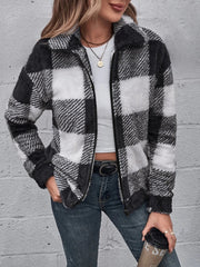 Clidress Zip Up Polar Soft Fleece Gingham Coat Jacket