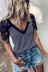 Clidress Lace Sleeve Striped T-shirt
