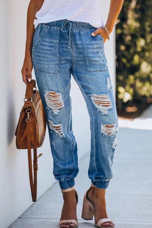 Clidress Elastic Waist Ripped Denim Jeans