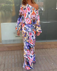 Clidress Floral Print One-Shoulder Top & Skirt 2 Pieces Set