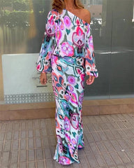 Clidress Floral Print One-Shoulder Top & Skirt 2 Pieces Set