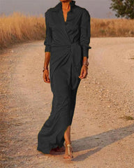 Clidress Lapel Wrap Full Long Split Shirt Dress