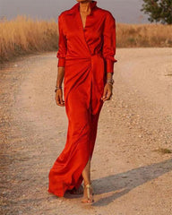 Clidress Lapel Wrap Full Long Split Shirt Dress