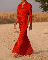 Clidress Lapel Wrap Full Long Split Shirt Dress
