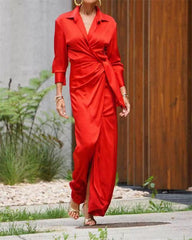 Clidress Lapel Wrap Full Long Split Shirt Dress