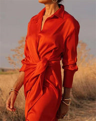 Clidress Lapel Wrap Full Long Split Shirt Dress