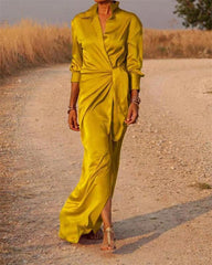 Clidress Lapel Wrap Full Long Split Shirt Dress