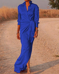 Clidress Lapel Wrap Full Long Split Shirt Dress