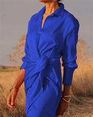 Clidress Lapel Wrap Full Long Split Shirt Dress