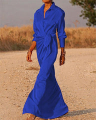 Clidress Lapel Wrap Full Long Split Shirt Dress