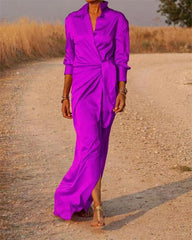 Clidress Lapel Wrap Full Long Split Shirt Dress