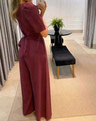 Clidress V Neck Puff Shoulder Wide Leg Jumpsuit